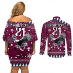 custom-sea-eagles-rugby-couples-matching-off-shoulder-short-dress-and-long-sleeve-button-shirt-manly-boys-victory-2023-christmas-vibe