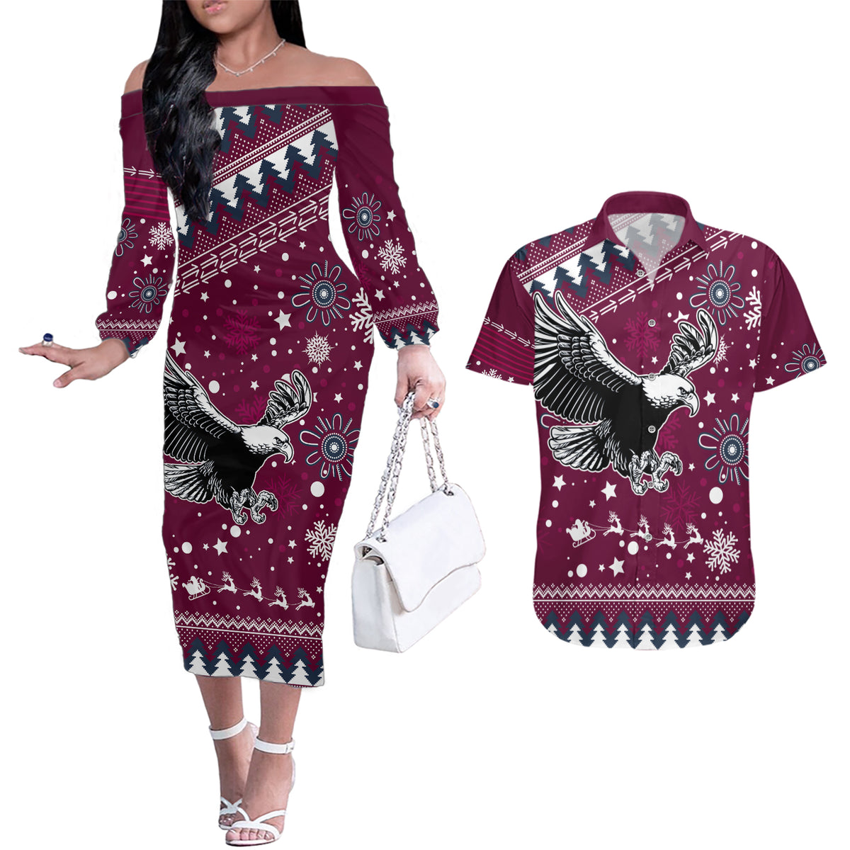 custom-sea-eagles-rugby-couples-matching-off-the-shoulder-long-sleeve-dress-and-hawaiian-shirt-manly-boys-victory-2023-christmas-vibe