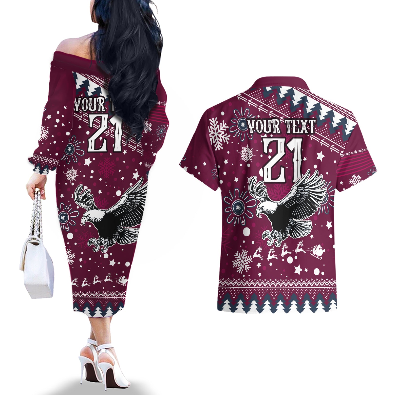 custom-sea-eagles-rugby-couples-matching-off-the-shoulder-long-sleeve-dress-and-hawaiian-shirt-manly-boys-victory-2023-christmas-vibe