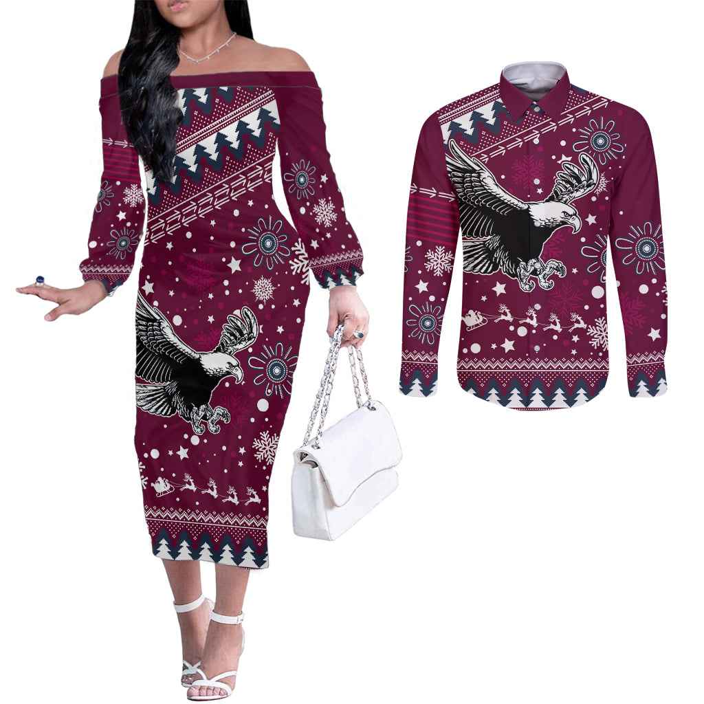 custom-sea-eagles-rugby-couples-matching-off-the-shoulder-long-sleeve-dress-and-long-sleeve-button-shirt-manly-boys-victory-2023-christmas-vibe
