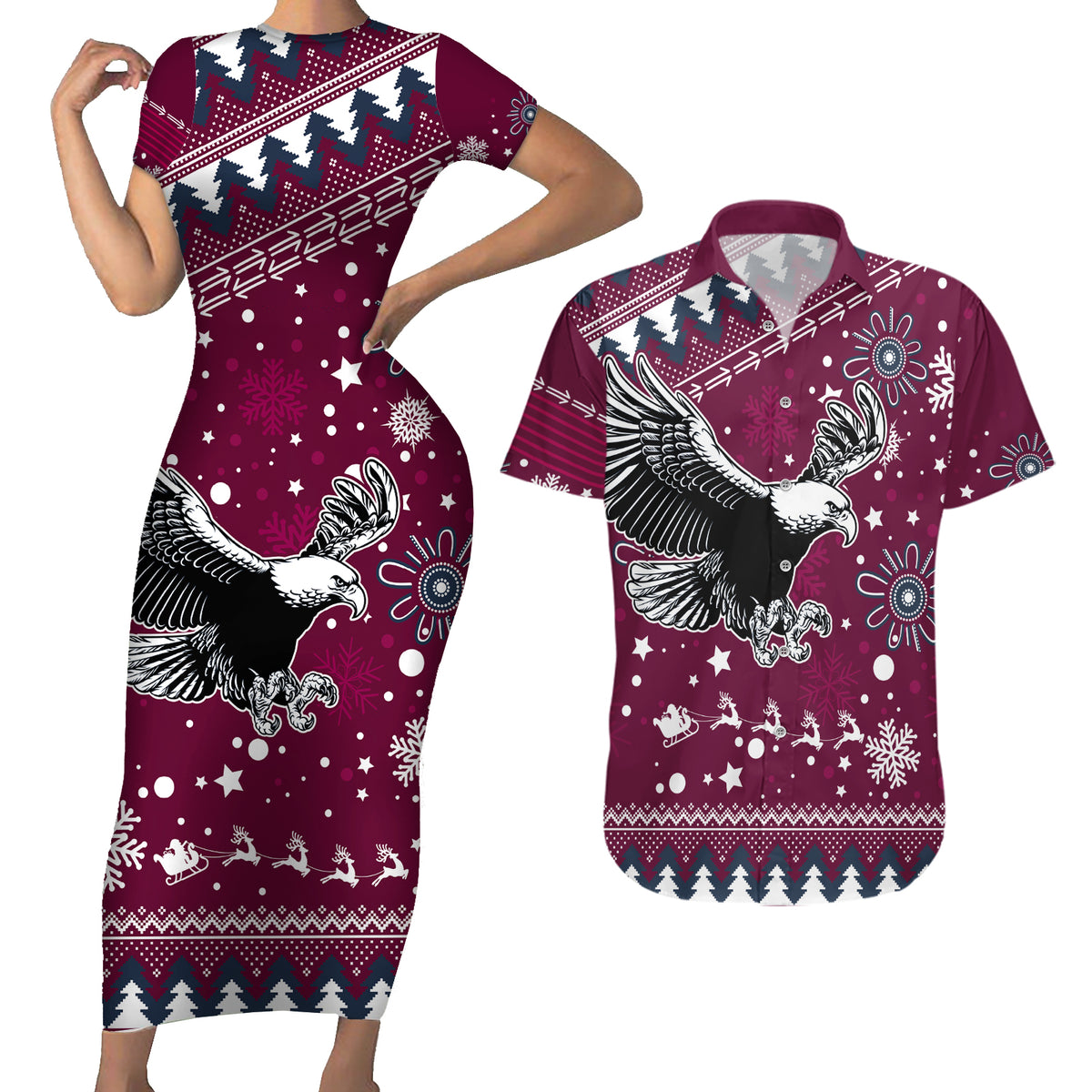 custom-sea-eagles-rugby-couples-matching-short-sleeve-bodycon-dress-and-hawaiian-shirt-manly-boys-victory-2023-christmas-vibe