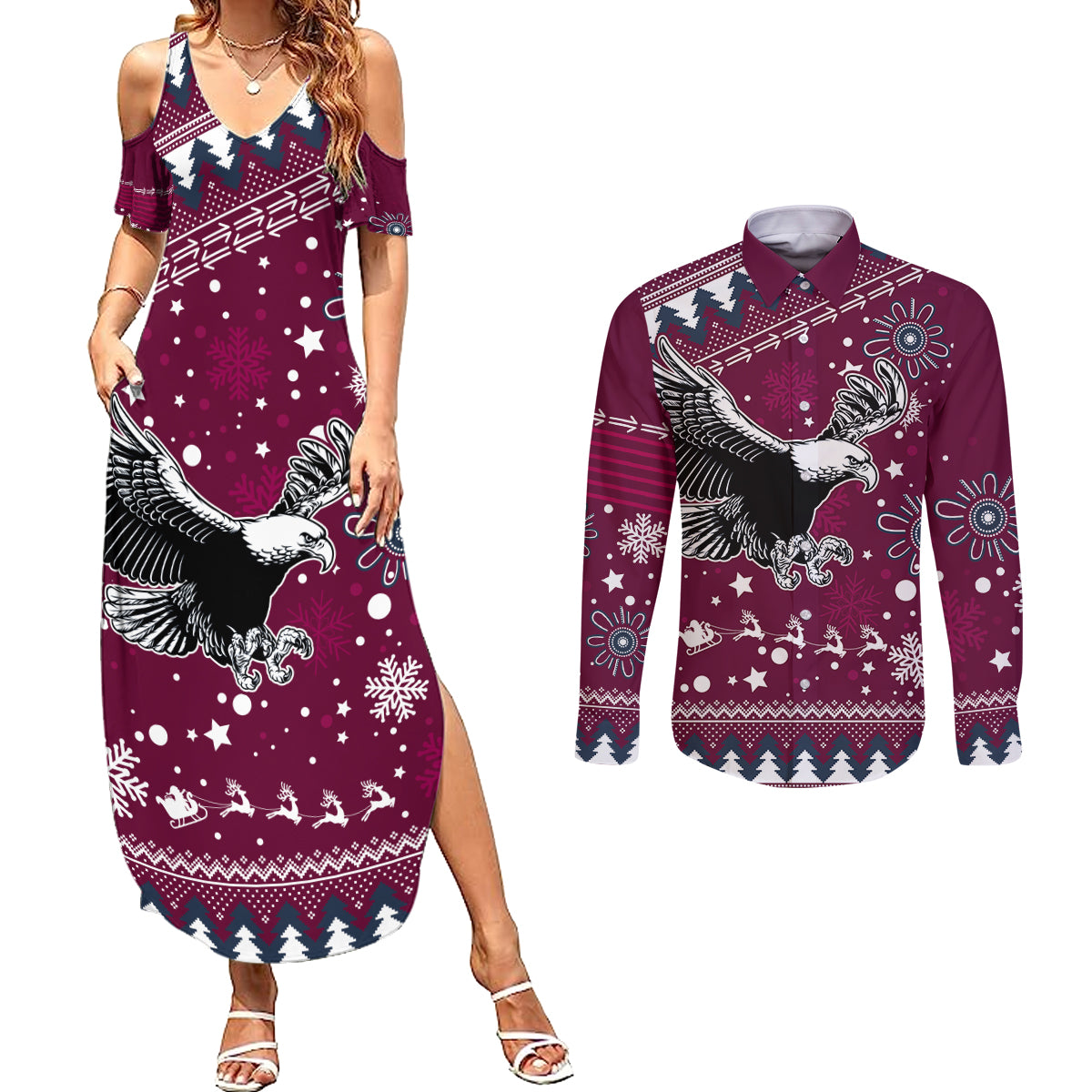 custom-sea-eagles-rugby-couples-matching-summer-maxi-dress-and-long-sleeve-button-shirt-manly-boys-victory-2023-christmas-vibe