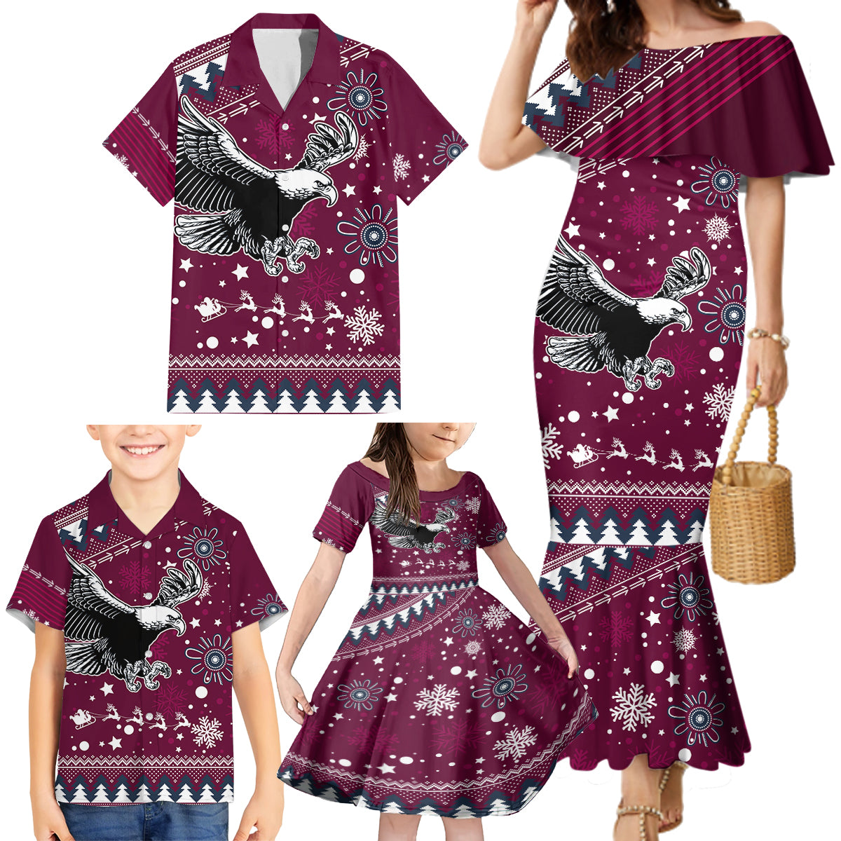 custom-sea-eagles-rugby-family-matching-mermaid-dress-and-hawaiian-shirt-manly-boys-victory-2023-christmas-vibe