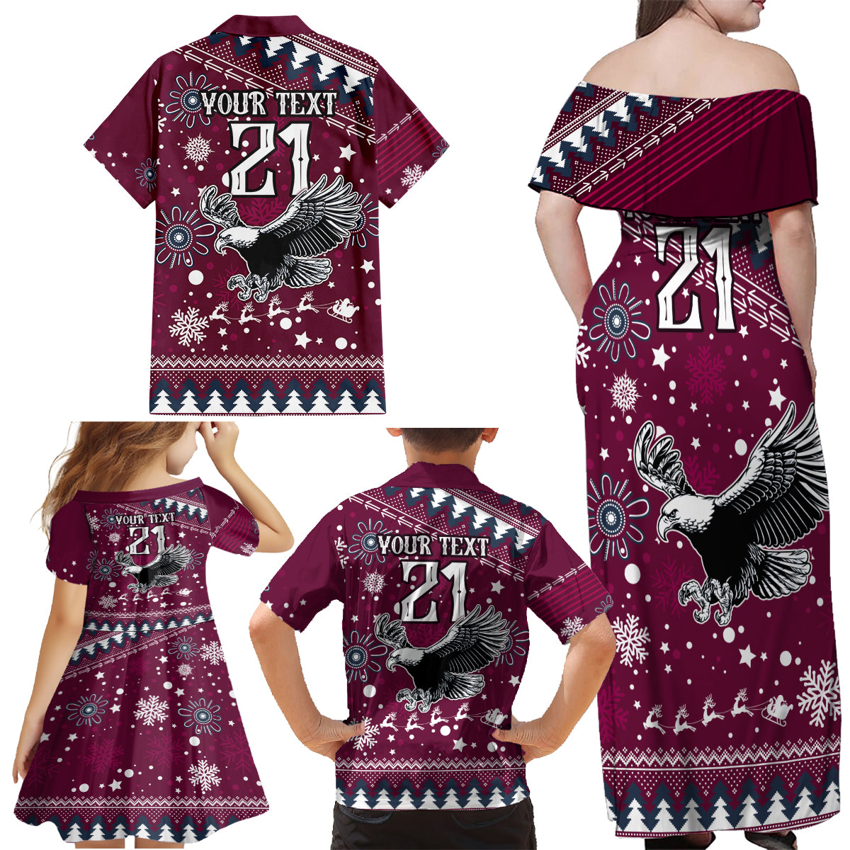 custom-sea-eagles-rugby-family-matching-off-shoulder-maxi-dress-and-hawaiian-shirt-manly-boys-victory-2023-christmas-vibe
