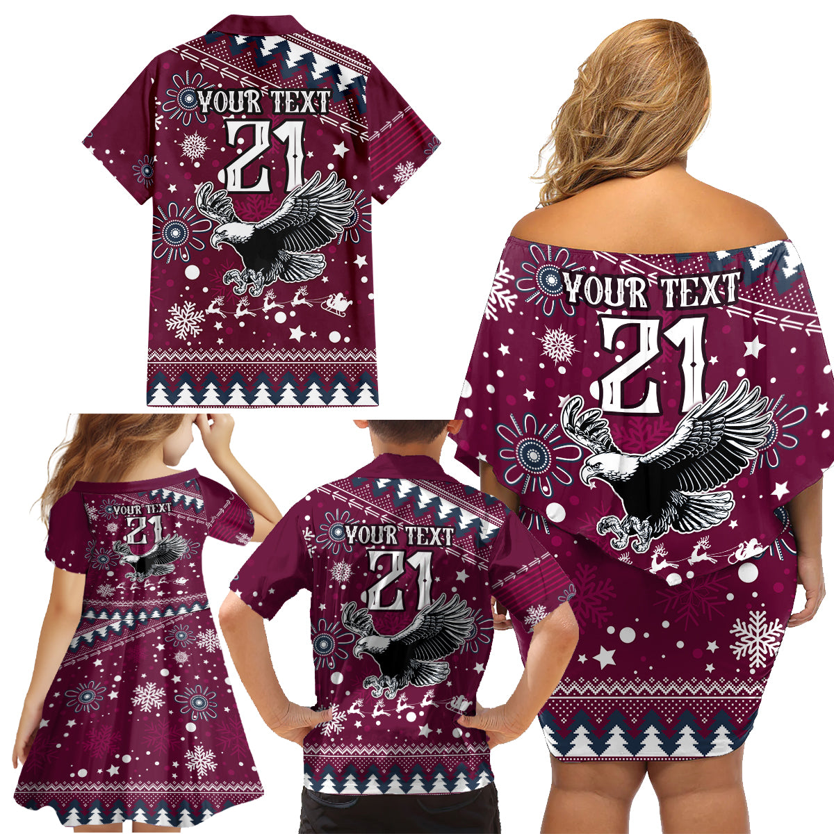 custom-sea-eagles-rugby-family-matching-off-shoulder-short-dress-and-hawaiian-shirt-manly-boys-victory-2023-christmas-vibe