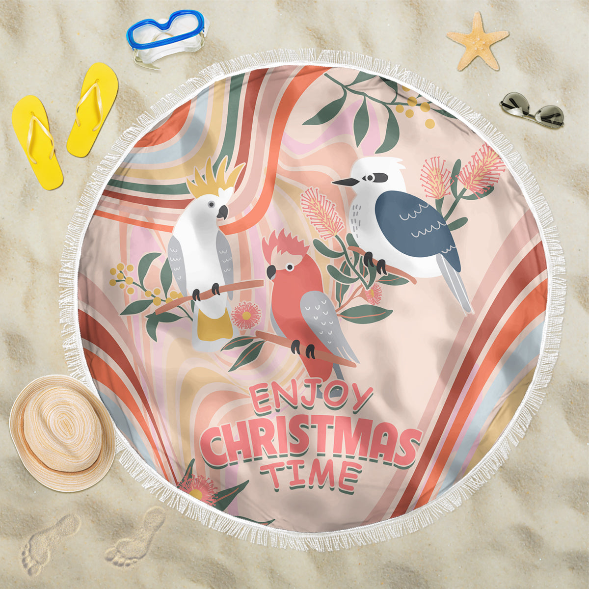 australia-hippie-christmas-beach-blanket-cockatoo-kookaburra-with-wattle-pink-peach-style
