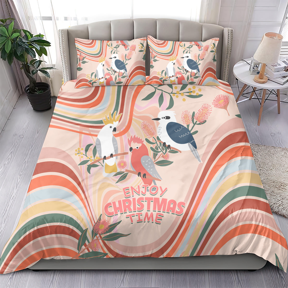 australia-hippie-christmas-bedding-set-cockatoo-kookaburra-with-wattle-pink-peach-style