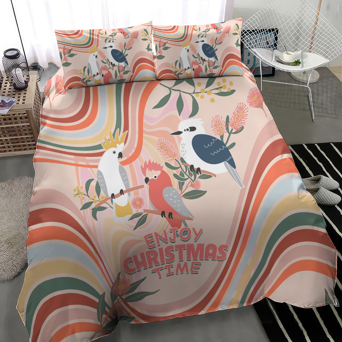 australia-hippie-christmas-bedding-set-cockatoo-kookaburra-with-wattle-pink-peach-style