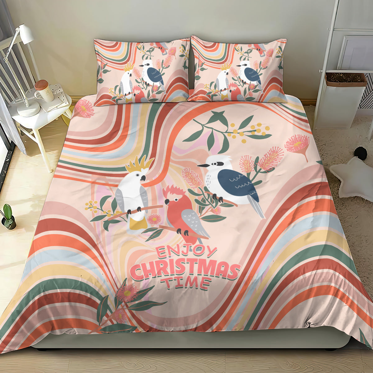 australia-hippie-christmas-bedding-set-cockatoo-kookaburra-with-wattle-pink-peach-style