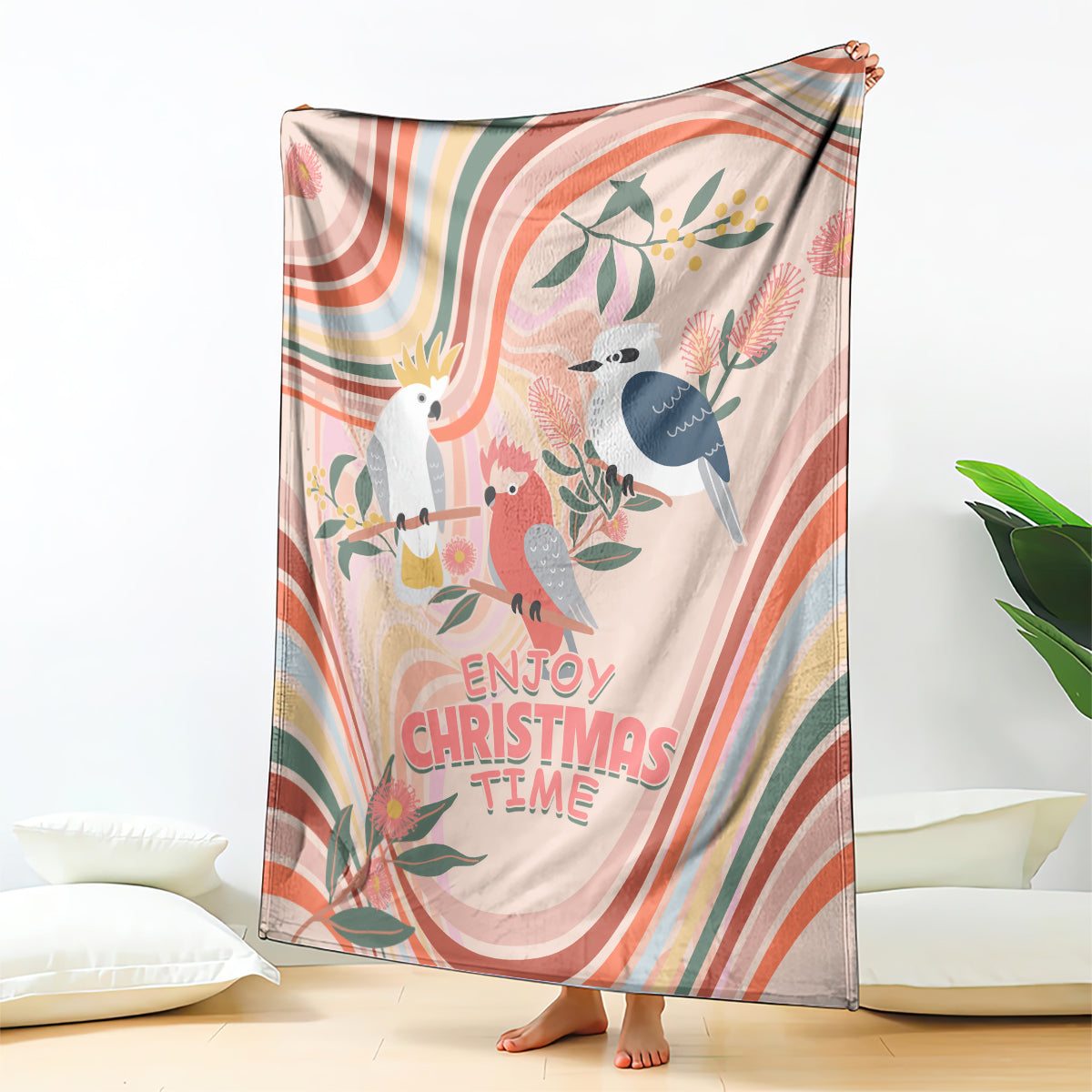 australia-hippie-christmas-blanket-cockatoo-kookaburra-with-wattle-pink-peach-style