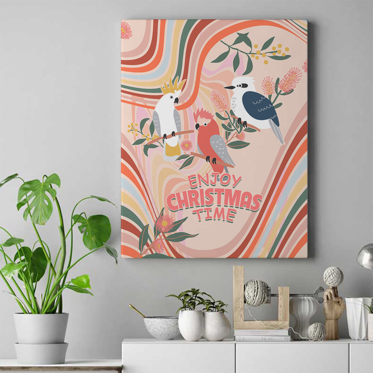 australia-hippie-christmas-canvas-wall-art-cockatoo-kookaburra-with-wattle-pink-peach-style