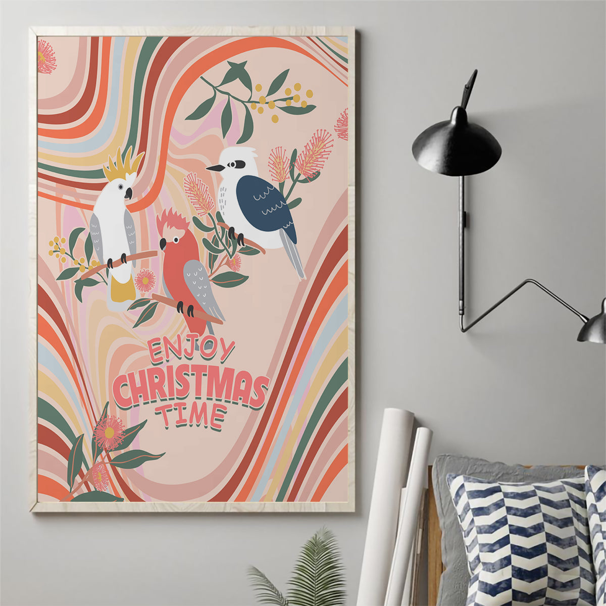 australia-hippie-christmas-canvas-wall-art-cockatoo-kookaburra-with-wattle-pink-peach-style