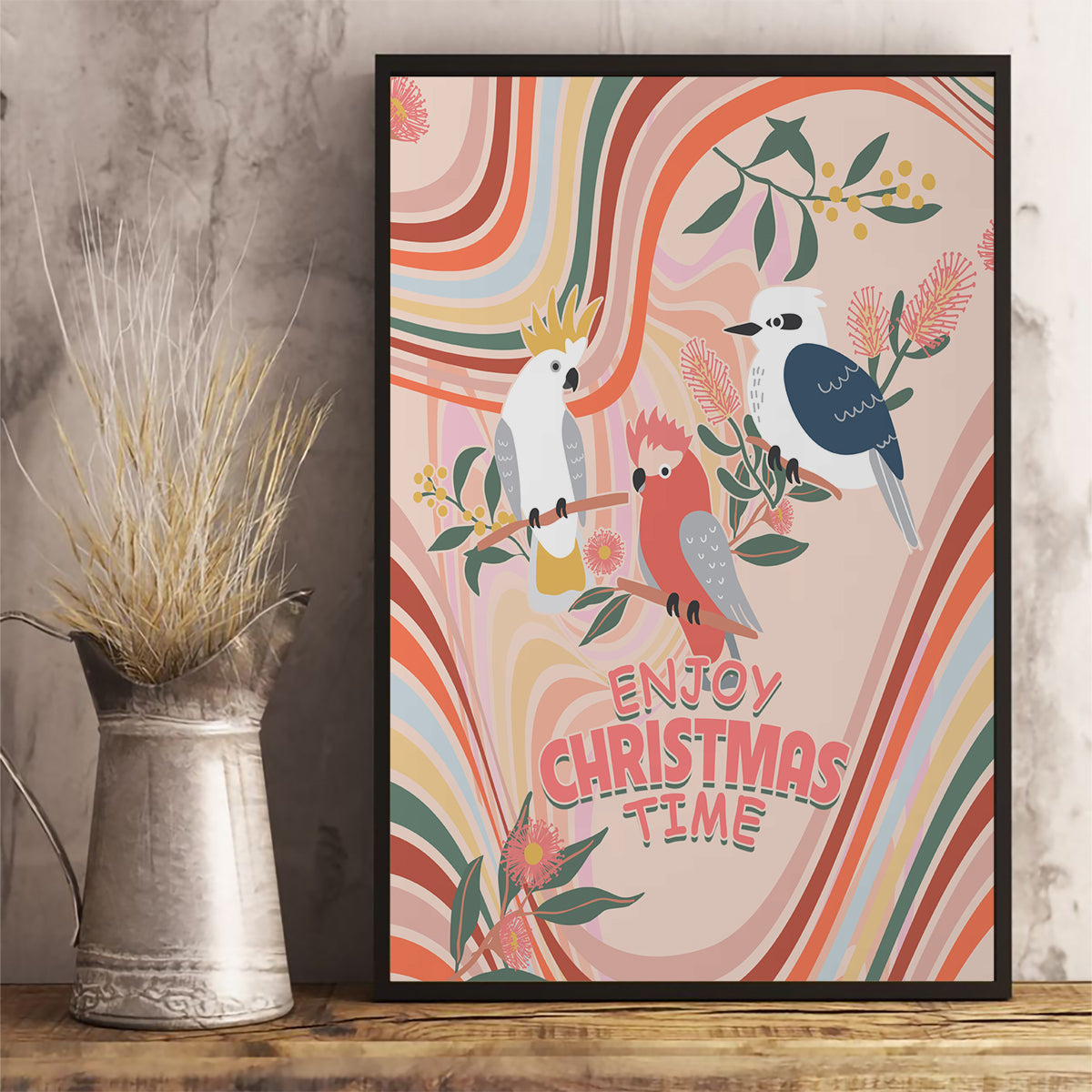 australia-hippie-christmas-canvas-wall-art-cockatoo-kookaburra-with-wattle-pink-peach-style