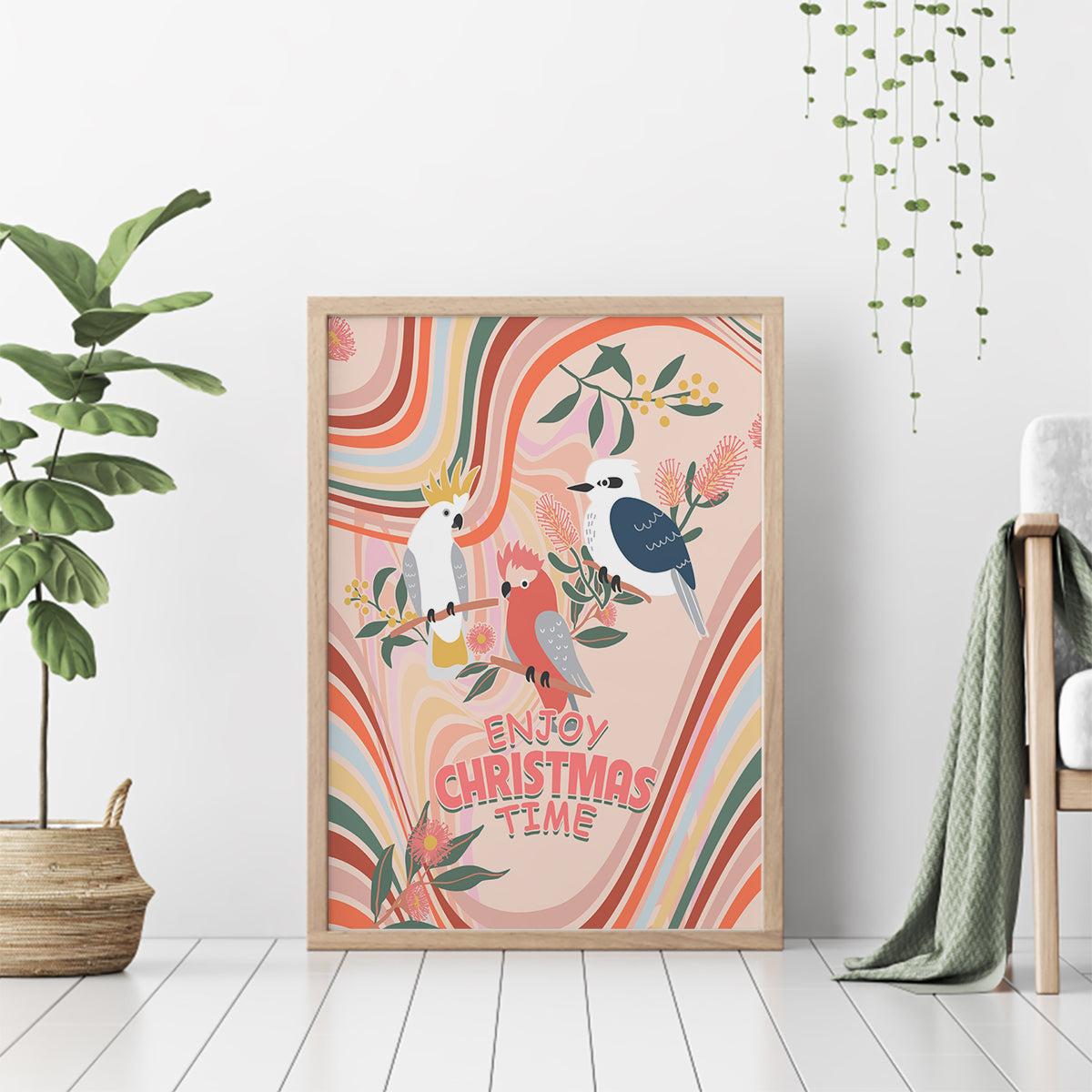 australia-hippie-christmas-canvas-wall-art-cockatoo-kookaburra-with-wattle-pink-peach-style