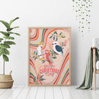 australia-hippie-christmas-canvas-wall-art-cockatoo-kookaburra-with-wattle-pink-peach-style