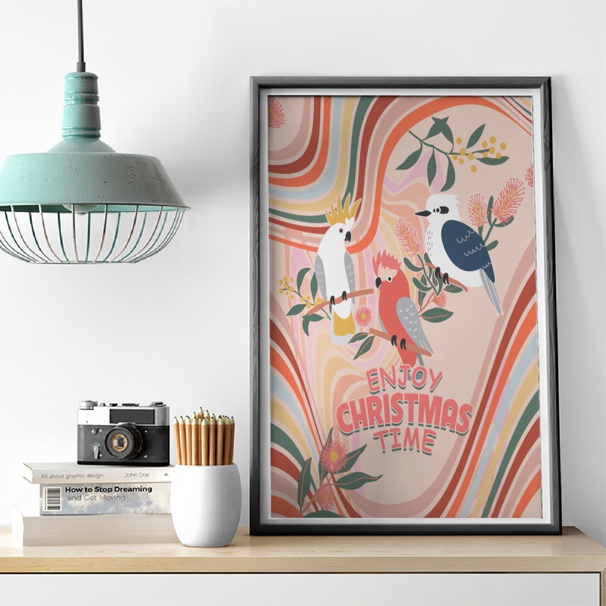australia-hippie-christmas-canvas-wall-art-cockatoo-kookaburra-with-wattle-pink-peach-style