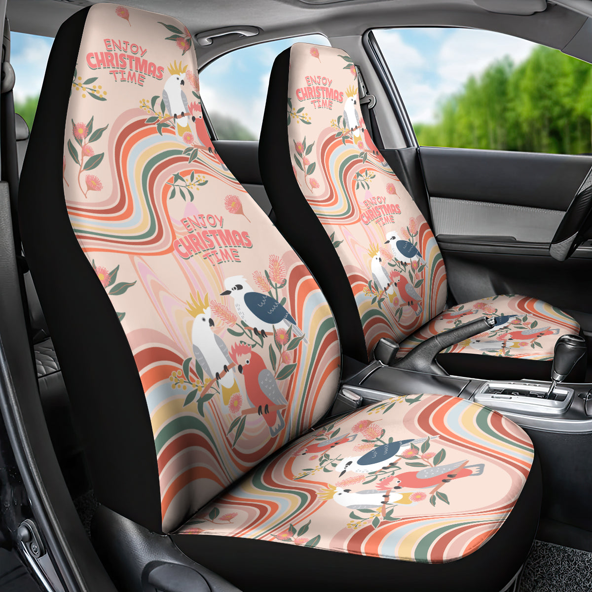 australia-hippie-christmas-car-seat-cover-cockatoo-kookaburra-with-wattle-pink-peach-style