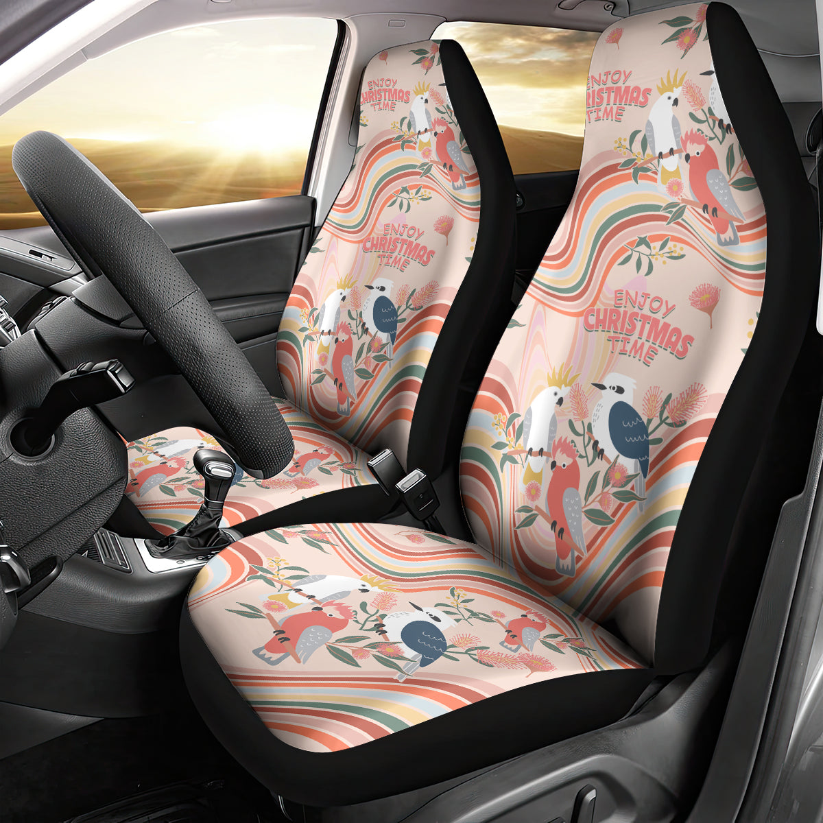 australia-hippie-christmas-car-seat-cover-cockatoo-kookaburra-with-wattle-pink-peach-style