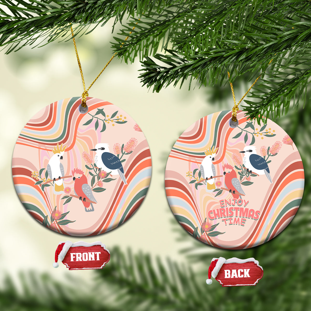 australia-hippie-christmas-ceramic-ornament-cockatoo-kookaburra-with-wattle-pink-peach-style