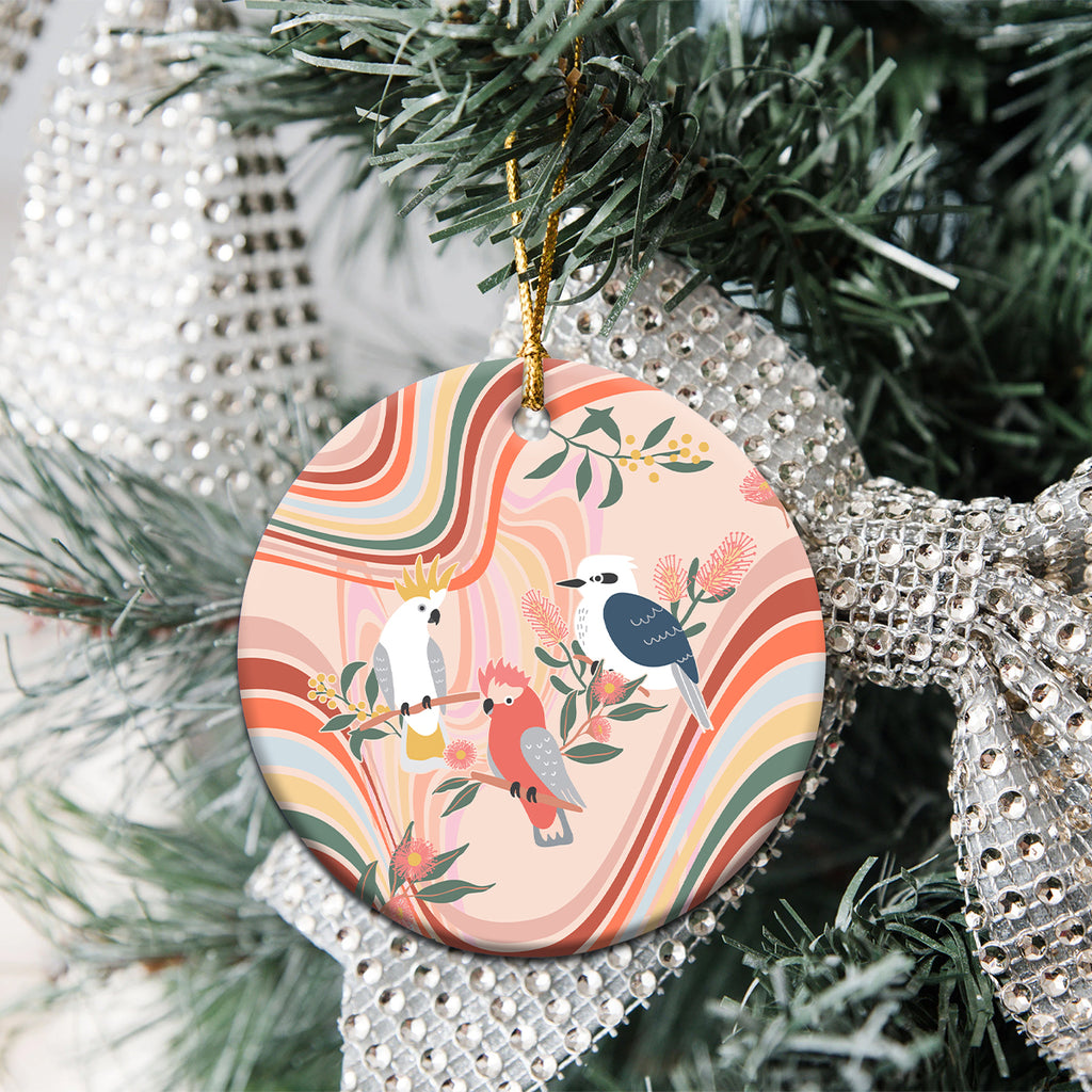 australia-hippie-christmas-ceramic-ornament-cockatoo-kookaburra-with-wattle-pink-peach-style