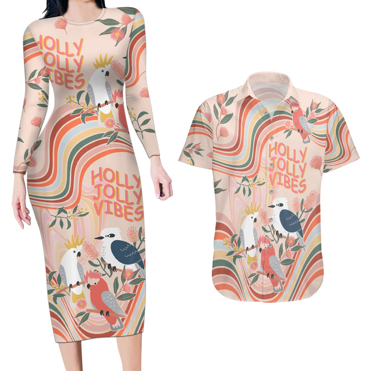 australia-hippie-christmas-couples-matching-long-sleeve-bodycon-dress-and-hawaiian-shirt-cockatoo-kookaburra-with-wattle-pink-peach-style
