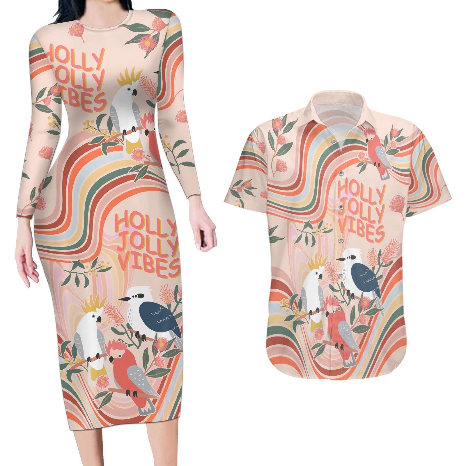 australia-hippie-christmas-couples-matching-long-sleeve-bodycon-dress-and-hawaiian-shirt-cockatoo-kookaburra-with-wattle-pink-peach-style