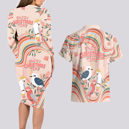 australia-hippie-christmas-couples-matching-long-sleeve-bodycon-dress-and-hawaiian-shirt-cockatoo-kookaburra-with-wattle-pink-peach-style