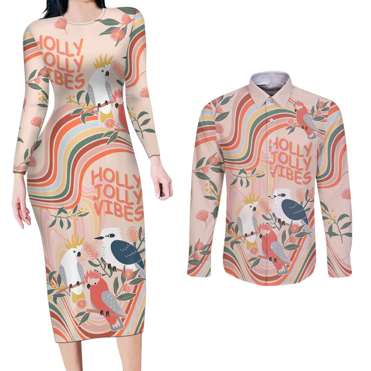australia-hippie-christmas-couples-matching-long-sleeve-bodycon-dress-and-long-sleeve-button-shirt-cockatoo-kookaburra-with-wattle-pink-peach-style