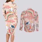 australia-hippie-christmas-couples-matching-long-sleeve-bodycon-dress-and-long-sleeve-button-shirt-cockatoo-kookaburra-with-wattle-pink-peach-style