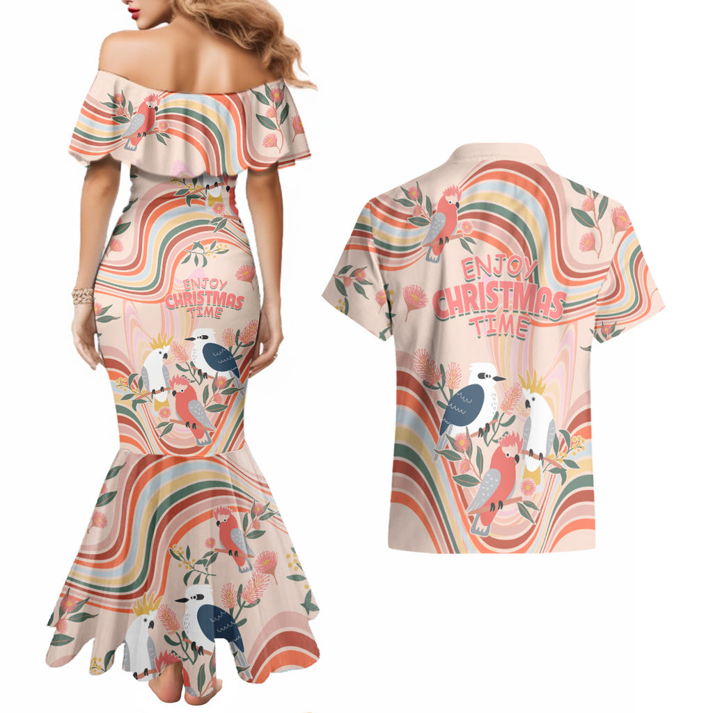australia-hippie-christmas-couples-matching-mermaid-dress-and-hawaiian-shirt-cockatoo-kookaburra-with-wattle-pink-peach-style
