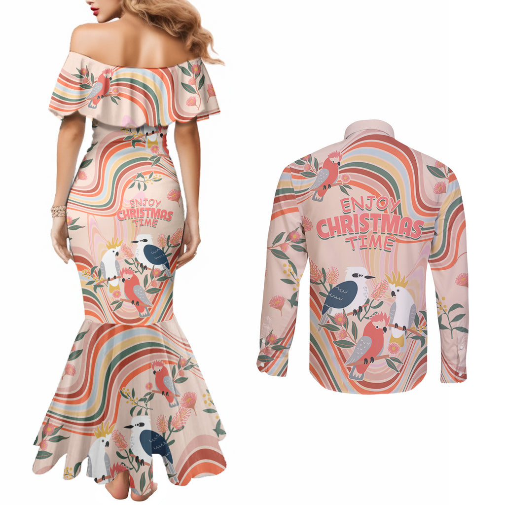 australia-hippie-christmas-couples-matching-mermaid-dress-and-long-sleeve-button-shirt-cockatoo-kookaburra-with-wattle-pink-peach-style