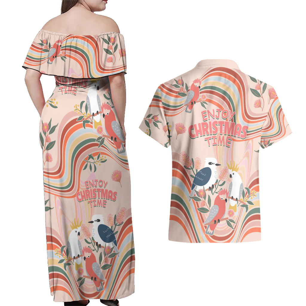 australia-hippie-christmas-couples-matching-off-shoulder-maxi-dress-and-hawaiian-shirt-cockatoo-kookaburra-with-wattle-pink-peach-style