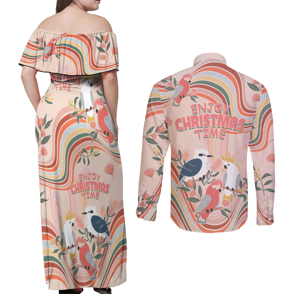 australia-hippie-christmas-couples-matching-off-shoulder-maxi-dress-and-long-sleeve-button-shirt-cockatoo-kookaburra-with-wattle-pink-peach-style