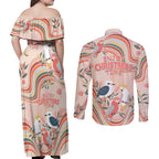 australia-hippie-christmas-couples-matching-off-shoulder-maxi-dress-and-long-sleeve-button-shirt-cockatoo-kookaburra-with-wattle-pink-peach-style