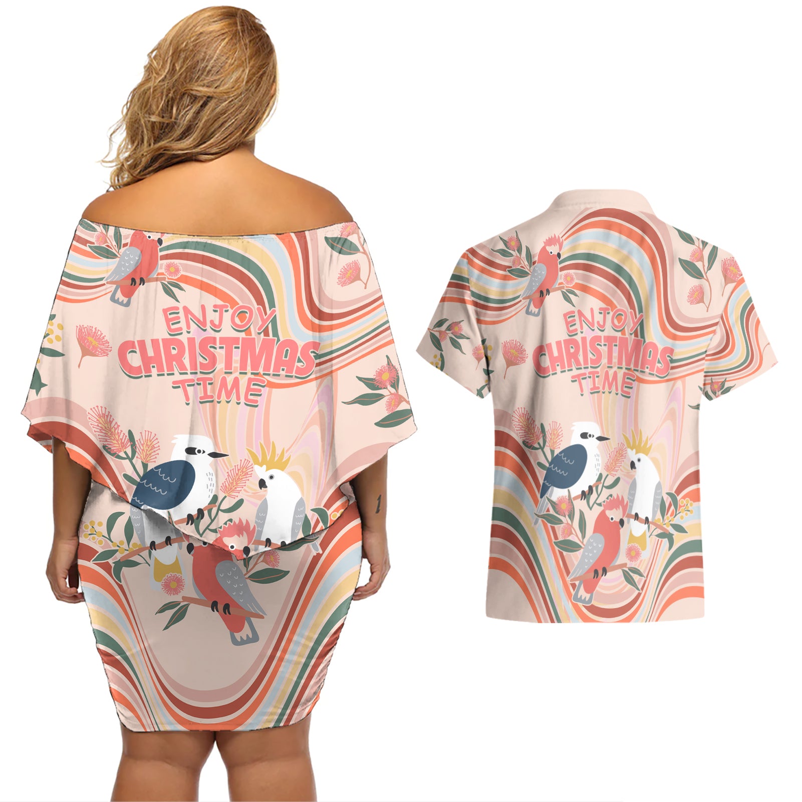 australia-hippie-christmas-couples-matching-off-shoulder-short-dress-and-hawaiian-shirt-cockatoo-kookaburra-with-wattle-pink-peach-style