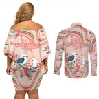 australia-hippie-christmas-couples-matching-off-shoulder-short-dress-and-long-sleeve-button-shirt-cockatoo-kookaburra-with-wattle-pink-peach-style