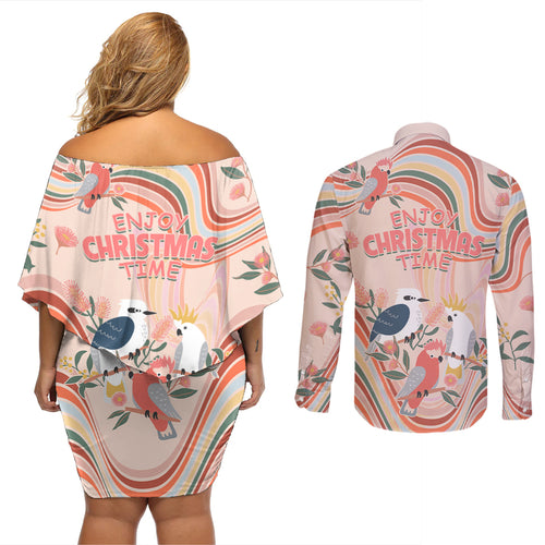 australia-hippie-christmas-couples-matching-off-shoulder-short-dress-and-long-sleeve-button-shirt-cockatoo-kookaburra-with-wattle-pink-peach-style