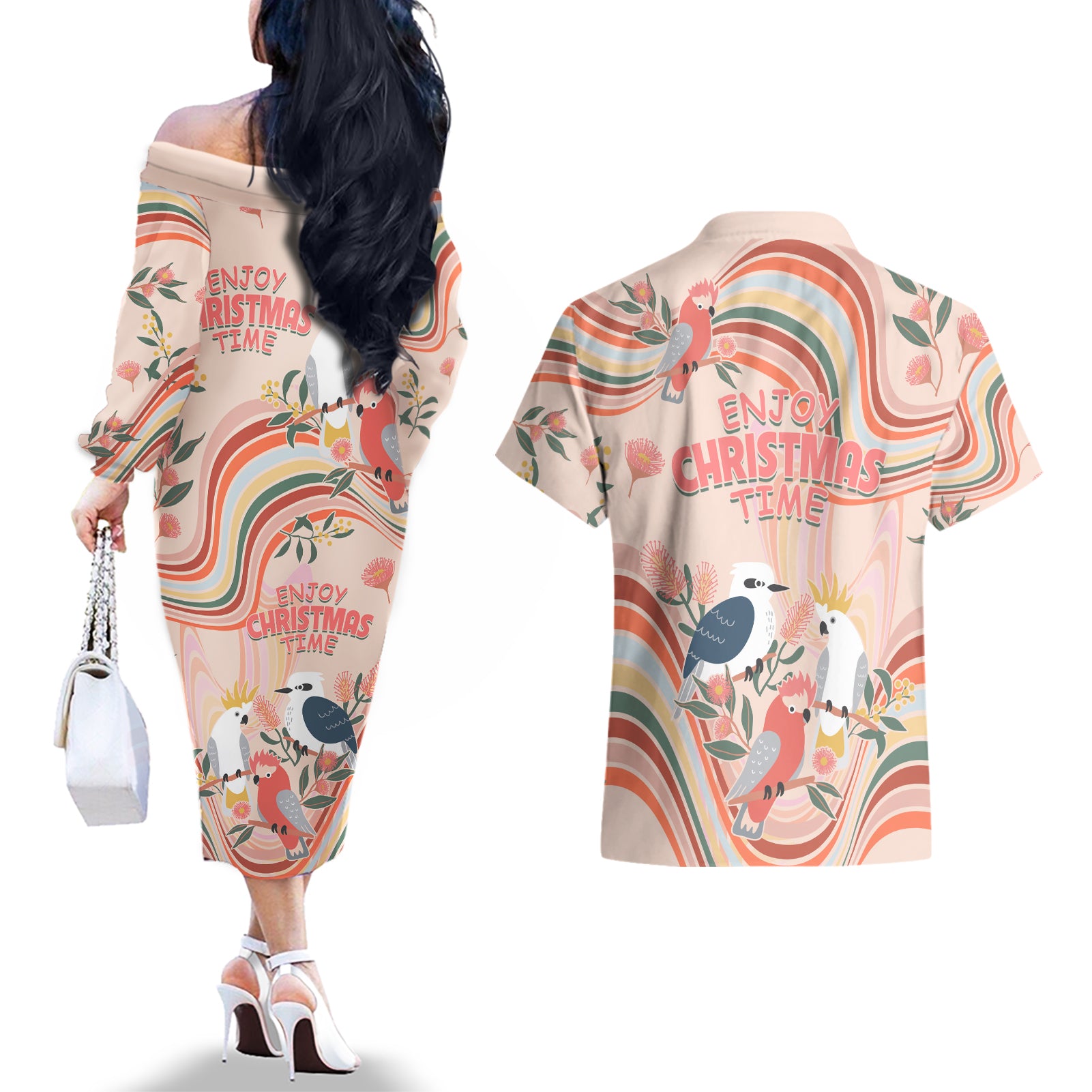 australia-hippie-christmas-couples-matching-off-the-shoulder-long-sleeve-dress-and-hawaiian-shirt-cockatoo-kookaburra-with-wattle-pink-peach-style