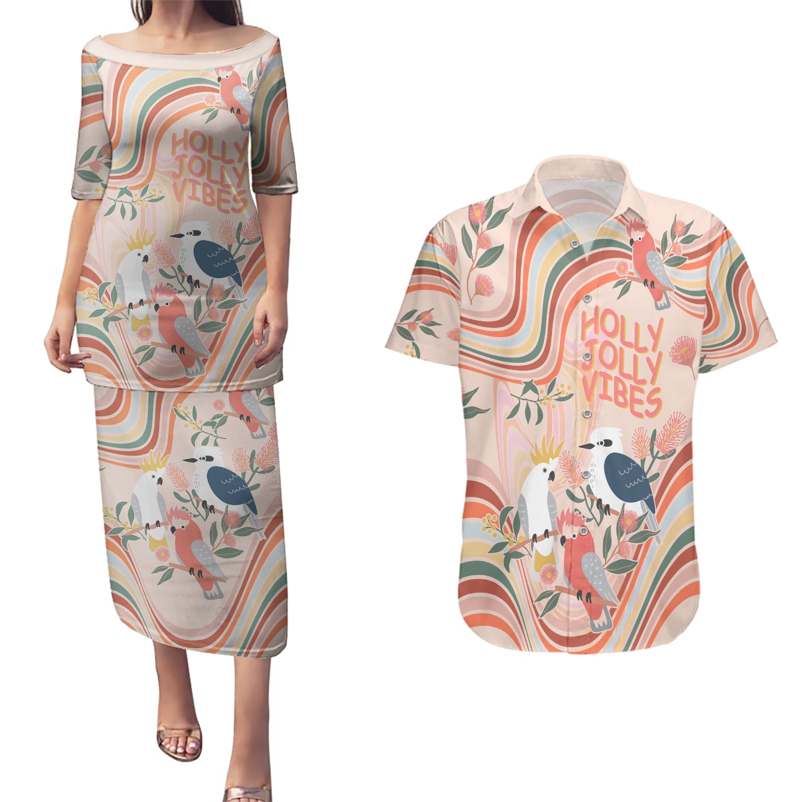 australia-hippie-christmas-couples-matching-puletasi-dress-and-hawaiian-shirt-cockatoo-kookaburra-with-wattle-pink-peach-style