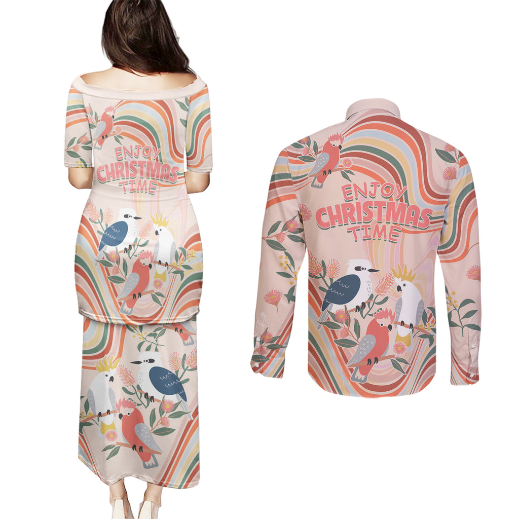 australia-hippie-christmas-couples-matching-puletasi-dress-and-long-sleeve-button-shirt-cockatoo-kookaburra-with-wattle-pink-peach-style