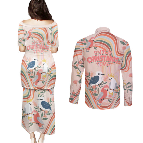 australia-hippie-christmas-couples-matching-puletasi-dress-and-long-sleeve-button-shirt-cockatoo-kookaburra-with-wattle-pink-peach-style