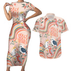 australia-hippie-christmas-couples-matching-short-sleeve-bodycon-dress-and-hawaiian-shirt-cockatoo-kookaburra-with-wattle-pink-peach-style