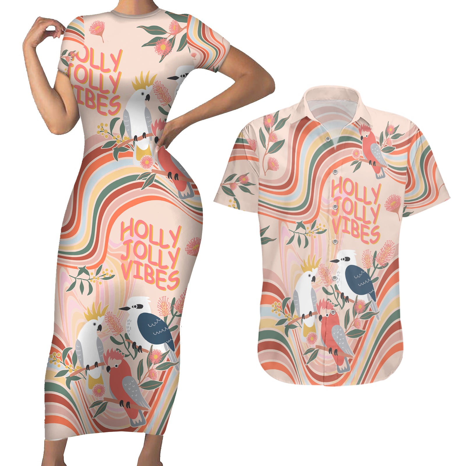 australia-hippie-christmas-couples-matching-short-sleeve-bodycon-dress-and-hawaiian-shirt-cockatoo-kookaburra-with-wattle-pink-peach-style