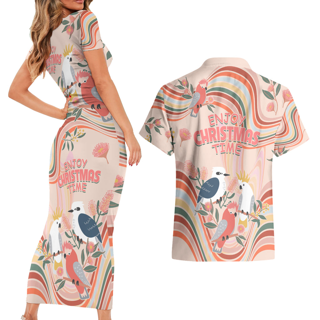 australia-hippie-christmas-couples-matching-short-sleeve-bodycon-dress-and-hawaiian-shirt-cockatoo-kookaburra-with-wattle-pink-peach-style