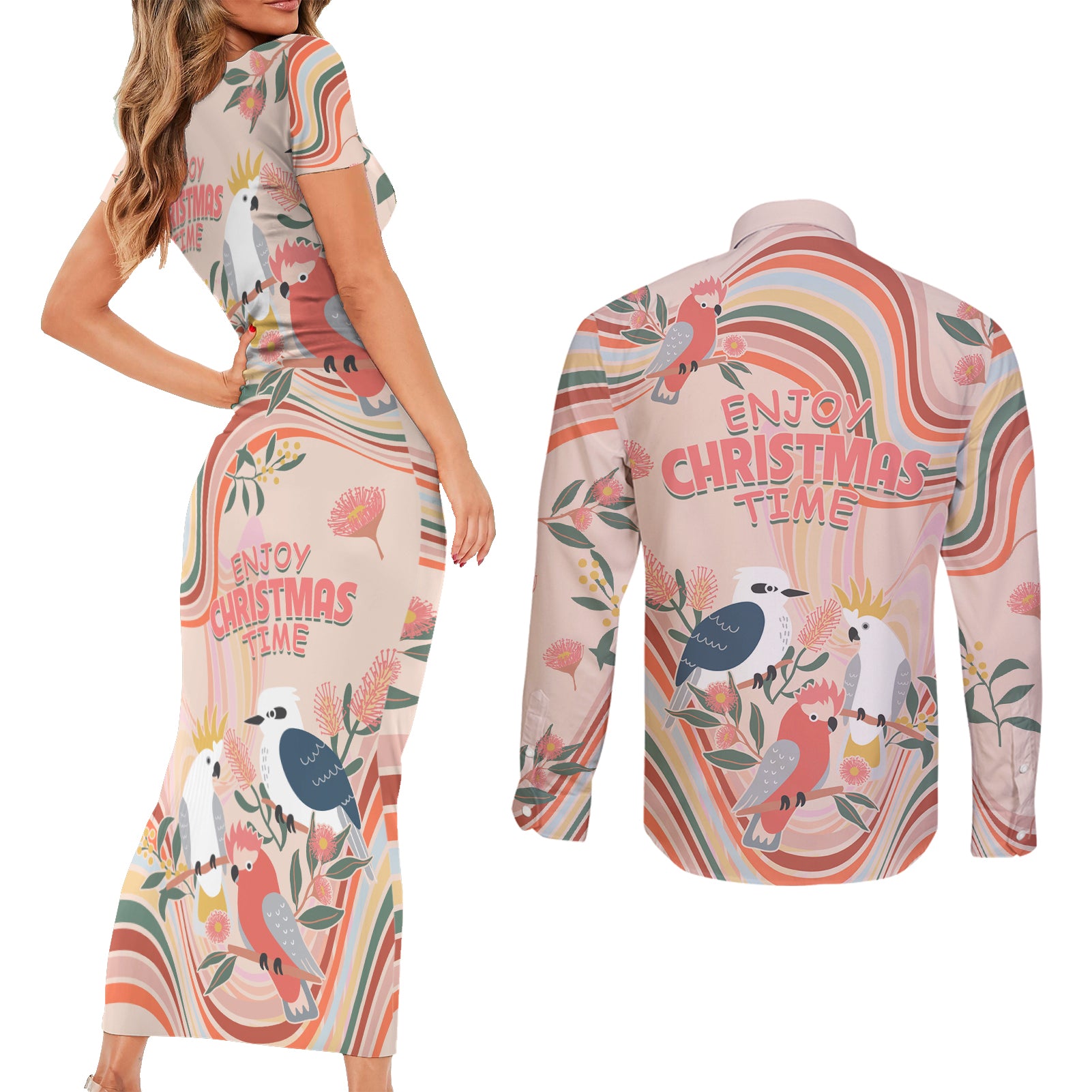 australia-hippie-christmas-couples-matching-short-sleeve-bodycon-dress-and-long-sleeve-button-shirt-cockatoo-kookaburra-with-wattle-pink-peach-style