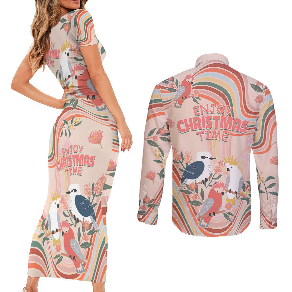 australia-hippie-christmas-couples-matching-short-sleeve-bodycon-dress-and-long-sleeve-button-shirt-cockatoo-kookaburra-with-wattle-pink-peach-style