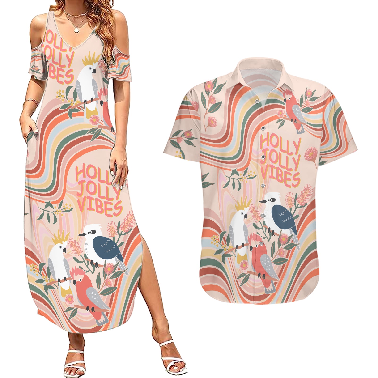 australia-hippie-christmas-couples-matching-summer-maxi-dress-and-hawaiian-shirt-cockatoo-kookaburra-with-wattle-pink-peach-style