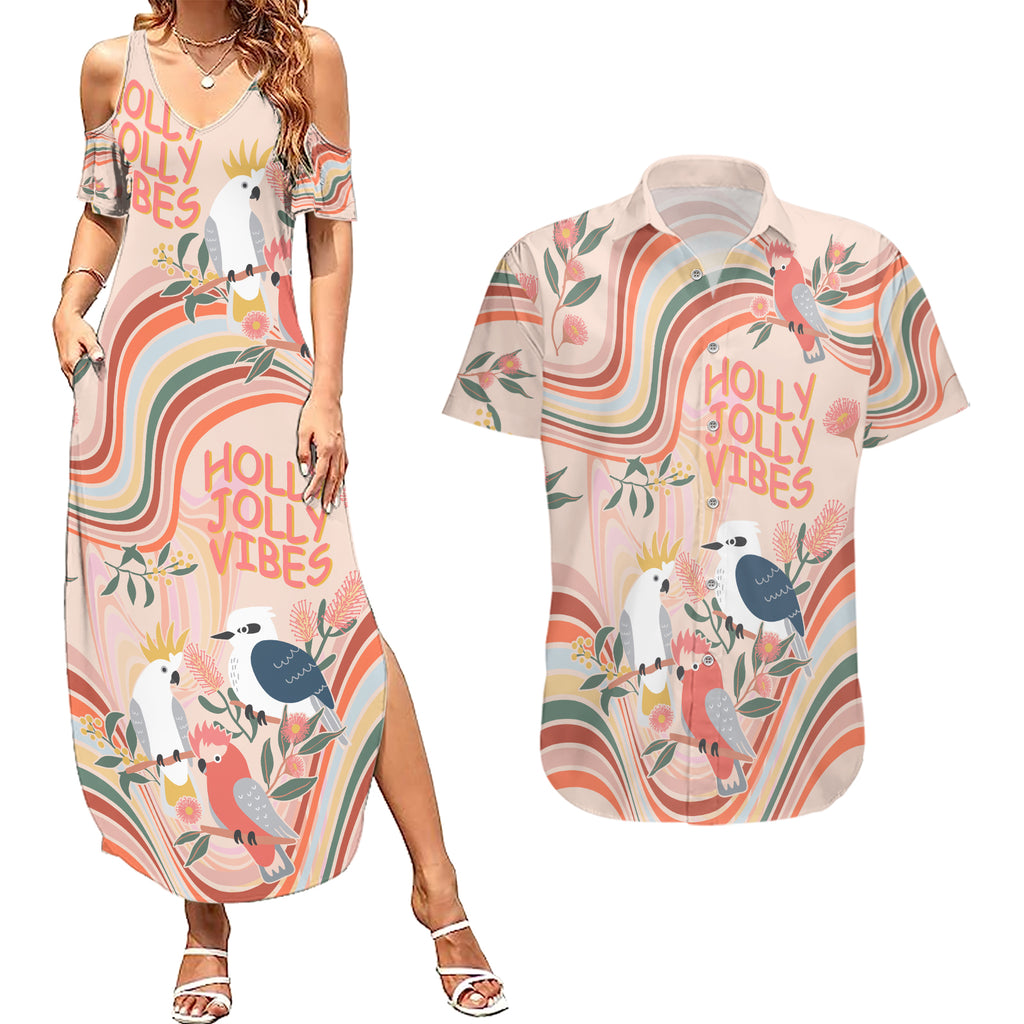 australia-hippie-christmas-couples-matching-summer-maxi-dress-and-hawaiian-shirt-cockatoo-kookaburra-with-wattle-pink-peach-style