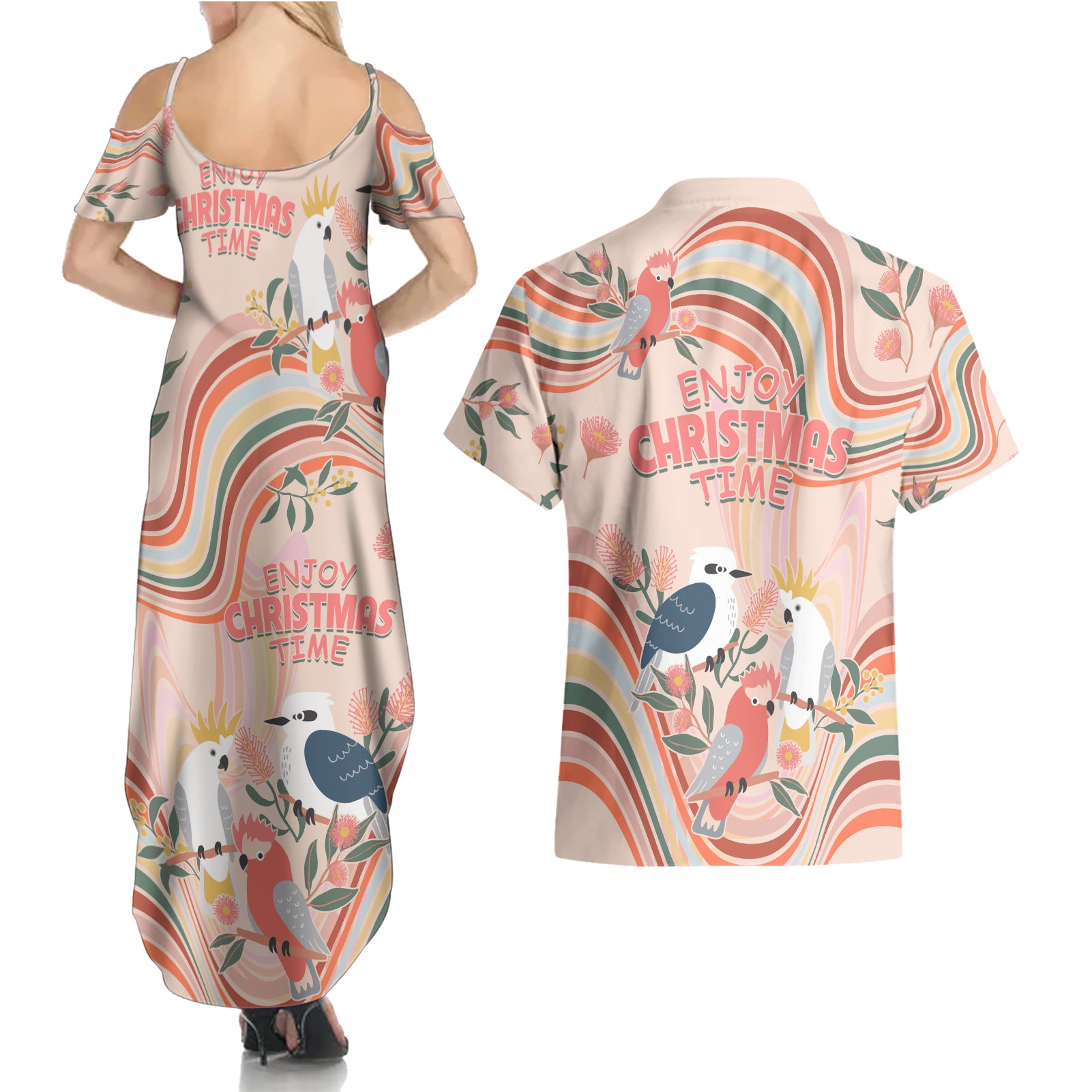 australia-hippie-christmas-couples-matching-summer-maxi-dress-and-hawaiian-shirt-cockatoo-kookaburra-with-wattle-pink-peach-style