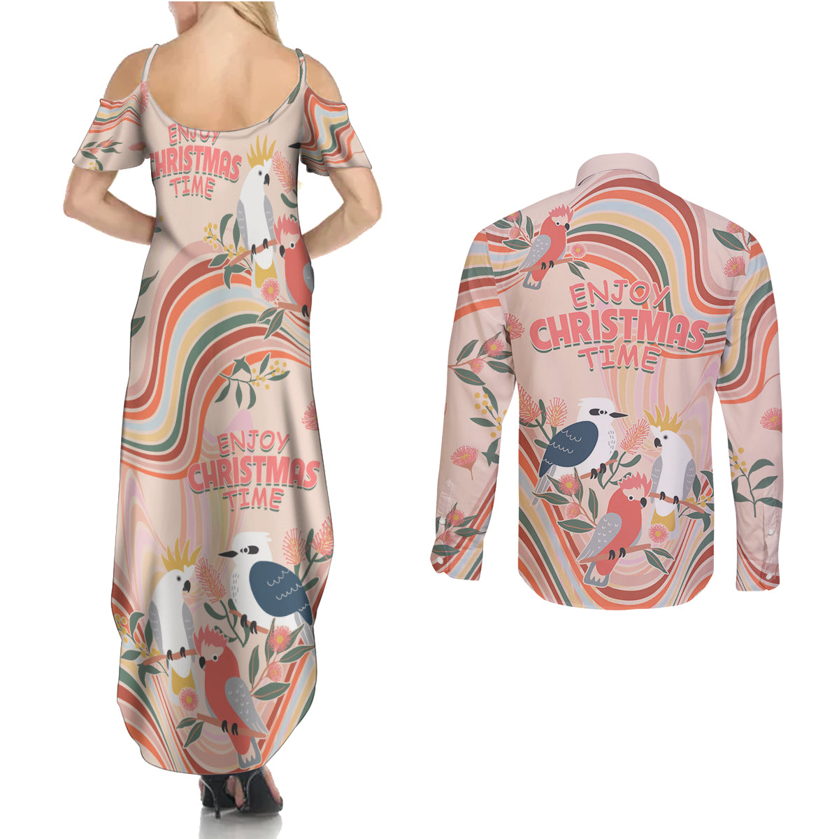 australia-hippie-christmas-couples-matching-summer-maxi-dress-and-long-sleeve-button-shirt-cockatoo-kookaburra-with-wattle-pink-peach-style